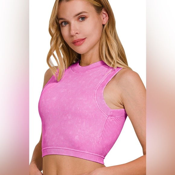 NWT Zenana Candy Pink Ribbed Seamless Cropped Tank βWashed Finish-Multiple Sizes - Picture 2 of 10